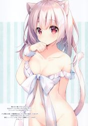 Rule 34 | 1girl, absurdres, animal ears, areola slip, blush, bottomless, bow, bra, breasts, cat ears, cat tail, collarbone, highres, looking at viewer, medium breasts, no panties, original, red eyes, solo, suimya, tail, underwear, white bow, white bra, white hair, wristband