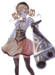 Rule 34 | 10s, 1girl, aiming, aiming at viewer, blonde hair, blurry, breasts, brown thighhighs, depth of field, drill hair, fingerless gloves, foreshortening, gloves, gun, hair ornament, hat, head tilt, holding, holding gun, holding weapon, looking at viewer, magical girl, magical musket, mahou shoujo madoka magica, medium breasts, parsley-f, simple background, skirt, solo, striped clothes, striped thighhighs, thighhighs, tomoe mami, twin drills, twintails, vertical-striped clothes, vertical-striped thighhighs, weapon, white background, yellow eyes, zettai ryouiki