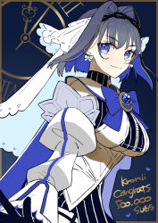 Rule 34 | 1girl, black gloves, blue cape, blue hair, blue ribbon, bow, bow earrings, breasts, cape, chain, cleavage cutout, clothing cutout, detached sleeves, earrings, gloves, hair intakes, head chain, headband, heart-shaped gem, highres, holocouncil, hololive, hololive english, jewelry, large breasts, looking at viewer, ouro kronii, ribbon, ribbon earrings, sailor collar, shirt, short hair, sleeveless, sleeveless shirt, smile, solo, sweater, turtleneck, turtleneck sweater, underboob, underboob cutout, veil, virtual youtuber, wada arco, zipper