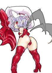 Rule 34 | 1girl, ass, bat wings, bikini, blush, boots, breasts, cameltoe, closed mouth, elbow gloves, from behind, full body, gloves, hat, high heel boots, high heels, leaning forward, looking at viewer, mersoleil03, pointy ears, purple hair, red bikini, red eyes, red gloves, remilia scarlet, simple background, small breasts, solo, standing, swimsuit, thigh boots, thighhighs, touhou, white background, wings