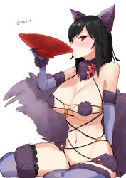 1girl animal_ears black_hair breasts cosplay cup fate/grand_order fate_(series) fur-trimmed_gloves fur-trimmed_legwear fur_bikini fur_collar fur_trim gloves highres holding holding_cup kantai_collection large_breasts mash_kyrielight mash_kyrielight_(cosplay) mash_kyrielight_(dangerous_beast) mash_kyrielight_(dangerous_beast)_(cosplay) o-ring o-ring_top purple_gloves purple_tail purple_thighhighs red_eyes revealing_clothes sakazuki saucer short_hair simple_background solo tail tetsukuzu_(yajirushi_shita) thighhighs white_background wolf_ears wolf_tail yamashiro_(kancolle)