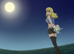Rule 34 | 1girl, bad id, bad pixiv id, black skirt, black thighhighs, blonde hair, bluesnowcat, bouquet, brown eyes, fairy tail, flower, grass, holding, holding bouquet, long hair, looking at viewer, looking back, lucy heartfilia, midriff, moon, outdoors, pleated skirt, skirt, solo, thighhighs, zettai ryouiki