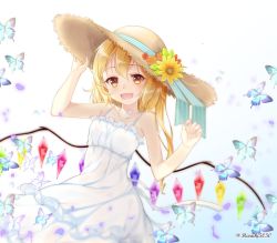 Rule 34 | 1girl, :d, alternate costume, alternate headwear, artist name, bare arms, bare shoulders, blonde hair, blue background, blue ribbon, blush, bug, butterfly, collarbone, commentary request, cowboy shot, crystal, dress, flandre scarlet, flower, gradient background, hair between eyes, hand on headwear, hands up, haruki (colorful macaron), hat, hat flower, hat ribbon, highres, insect, long hair, looking at viewer, open mouth, orange flower, red eyes, ribbon, side ponytail, smile, solo, spaghetti strap, standing, sun hat, sundress, touhou, twitter username, white background, white dress, wings, yellow flower
