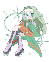 Rule 34 | 1girl, :o, amemura neri, blush, boots, denonbu, full body, glasses, green eyes, green hair, green kimono, heart, highres, japanese clothes, kimono, knee boots, knees up, long hair, long sleeves, looking at viewer, numamomi, open mouth, parted bangs, round eyewear, sitting, solo, sparkle, white background, wide sleeves