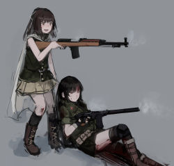 Rule 34 | assault rifle, beige skirt, belt pouch, black hair, black skirt, blood, blood on face, boots, brown eyes, brown hair, cape, dragging, girls&#039; frontline, gloves, green shirt, green vest, grey background, gun, headset removed, highres, holding, holding weapon, injury, integral suppressor, integrally-suppressed firearm, knee pads, long hair, medium hair, one eye closed, open mouth, pouch, rampart1028, rifle, shirt, simple background, skirt, smoke, smoking barrel, star (symbol), submachine gun, suppressor, sweat, type 63 (girls&#039; frontline), type 63 assault rifle, type 64 (girls&#039; frontline), type 64 smg, vest, weapon, white cape