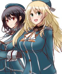 Rule 34 | 2girls, arms behind back, ascot, atago (kancolle), beret, black hair, blonde hair, blue headwear, breasts, green eyes, green jacket, hat, highres, jacket, kantai collection, large breasts, long hair, looking at viewer, military, military uniform, multiple girls, red eyes, roko roko (doradorazz), short hair, takao (kancolle), uniform, upper body, white ascot