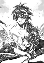 Rule 34 | 1boy, bad id, bad pixiv id, cowboy shot, fingerless gloves, gloves, greyscale, ian olympia, looking at viewer, male focus, messy hair, monochrome, serious, signature, single bare shoulder, solo, spiked hair, tenkuu no escaflowne, traditional media, van fanel