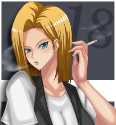 Rule 34 | 1girl, android 18, bare shoulders, blonde hair, blue eyes, breasts, cigarette, dragon ball, dragonball z, eyebrows, eyelashes, female focus, fingernails, forehead, highres, large breasts, looking at viewer, m (masa11051105), neck, pectorals, shueisha, smoking, solo