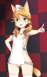 Rule 34 | 1girl, alice gear aegis, animal ears, blonde hair, blush, breasts, collarbone, commentary request, cowboy shot, fang, female focus, gluteal fold, green eyes, hair over shoulder, hat, kemonomimi mode, kotomura akane, low twintails, lowleg, navel, nurse, nurse cap, open mouth, panties, pointing, sideboob, skindentation, small breasts, solo, sweat, tail, thighhighs, twintails, underwear, white panties, white thighhighs