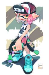 Rule 34 | 1girl, anniversary, bare shoulders, baseball cap, blue footwear, commentary request, dual wielding, gun, hat, highres, hiko0v0, holding, holding gun, holding weapon, inkling, inkling girl, inkling player character, nintendo, open mouth, pink hair, pointy ears, shadow, shirt, shoes, short hair, sleeveless, sleeveless shirt, solo, splat dualies (splatoon), splatoon (series), splatoon 2, teeth, weapon, white shirt, yellow eyes