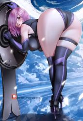 Rule 34 | 1girl, ass, bent over, blush, breasts, cloud, elbow gloves, fate/grand order, fate (series), gloves, hanging breasts, high heels, highres, huge ass, leotard, looking back, mash kyrielight, matching hair/eyes, patreon logo, patreon username, pink eyes, pink hair, shield, thighhighs, yiqiang