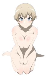 Rule 34 | 1girl, absurdres, blonde hair, blue eyes, blush, brave witches, breasts, cleavage, closed mouth, collarbone, from above, highres, large breasts, looking at viewer, looking up, navel, nikka edvardine katajainen, nude, shilka (amur shilka), shiny skin, short hair, simple background, sitting, solo, white background, world witches series