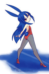 Rule 34 | 1girl, aged down, ass, blue hair, disgaea, disgaea d2, drantyno, flat chest, from behind, grey pantyhose, high heels, highres, laharl, laharl-chan, leotard, long hair, looking at viewer, looking back, open mouth, pantyhose, playboy bunny, rabbit ears, rabbit tail, red eyes, red footwear, red leotard, shoes, standing, teeth, white background, wrist cuffs