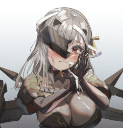 Rule 34 | 1girl, absurdres, armor, bandaged head, bandages, blush, breasts, cleavage, crying, crying with eyes open, goddess of victory: nikke, gradient background, grey hair, hair ribbon, highres, kenka (user hrjm2543), large breasts, looking at viewer, modernia (nikke), red eyes, ribbon, see-through, see-through cleavage, shoulder armor, solo, tears, upper body