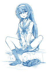 Rule 34 | 10s, 1girl, bbb (friskuser), between legs, blue theme, commentary request, girls und panzer, greyscale, hair between eyes, hairband, hand between legs, highres, loafers, long hair, long sleeves, looking at viewer, monochrome, neckerchief, open mouth, pleated skirt, reizei mako, school uniform, serafuku, shadow, shoes, unworn shoes, sidelocks, sitting, skirt, sleeves past wrists, smile, socks, solo, white background