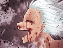 Rule 34 | 1boy, blood, blood from mouth, blood on face, bloody tears, blurry, blurry background, boku no hero academia, brown background, commentary request, grey background, grey hair, hair slicked back, highres, male focus, open mouth, portrait, scar, scar on face, scar on mouth, shigaraki tomura, signature, solo, teeth, white hair, yu shi (ametoki ichi)