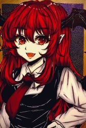 Rule 34 | 1girl, abstract background, black vest, collared shirt, commentary, demon girl, demon wings, diamond-shaped pupils, diamond (shape), fangs, hair between eyes, hand on own hip, head wings, koakuma, long hair, long sleeves, looking away, necktie, open mouth, orange eyes, pointy ears, red eyes, red hair, red necktie, shiraniwa rin, shirt, sidelocks, sideways glance, slit pupils, solo, symbol-shaped pupils, touhou, traditional media, vest, white shirt, wing collar, wings