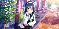 Rule 34 | 1girl, a pure and lovely moment (love live!), absurdres, alternate hairstyle, artist name, artist request, bag, belt, beret, black hair, black hat, black skirt, blue hair, bow, bowtie, braid, breasts, buttons, chair, checkered clothes, checkered skirt, dark blue hair, dark green hair, dress, green belt, green bow, hair between eyes, hair ornament, hairclip, handbag, hat, highres, long sleeves, looking at viewer, love live!, love live! nijigasaki high school idol club, love live! school idol festival, love live! school idol festival all stars, mifune shioriko, miniskirt, orange eyes, outdoors, parted lips, plaid, plaid skirt, pleated, pleated skirt, puffy long sleeves, puffy sleeves, red eyes, short hair, shoulder bag, single braid, skirt, small breasts, smile, solo, sunlight, table, tree, white bow, white dress