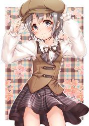 Rule 34 | 1girl, arms up, black ribbon, black skirt, blush, brown hat, brown vest, cabbie hat, closed mouth, collared shirt, commentary request, dress shirt, floral background, grey eyes, grey hair, hands on headwear, hat, highres, idolmaster, idolmaster cinderella girls, long sleeves, looking at viewer, neck ribbon, otokura yuuki, plaid, plaid background, plaid skirt, puffy long sleeves, puffy sleeves, regular mow, ribbon, shirt, skirt, smile, solo, vest, white shirt