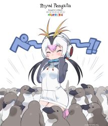 Rule 34 | 10s, 1girl, 2016, artist name, baby penguin, bird, character name, copyright name, dated, harmonica, headphones, instrument, kemono friends, kneeling, logo, long hair, multicolored hair, penguin, royal penguin (kemono friends), signature, smile, solo, thighhighs, twintails, white thighhighs, yoshizaki mine