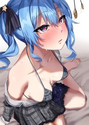 Rule 34 | 1girl, alternate breast size, bare shoulders, bikini, bikini top only, bikini under clothes, blue eyes, blue hair, blush, breasts, cleavage, hair ornament, heart, heart-shaped pupils, highres, hololive, hoshimachi suisei, hypnosis, jack dempa, mind control, open mouth, pleated skirt, ribbon, side ponytail, simple background, skirt, swimsuit, symbol-shaped pupils, virtual youtuber