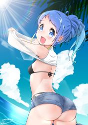 Rule 34 | 1girl, alternate hairstyle, artist name, ass, bikini, black bikini, blonde hair, blue eyes, blue hair, blue sky, blush, breasts, cloud, cloudy sky, commentary request, gradient hair, hair up, halterneck, kantai collection, light rays, looking at viewer, looking back, multicolored hair, ocean, open mouth, palm tree, samidare (kancolle), shirt, short shorts, shorts, sidelocks, sky, small breasts, solo, string bikini, sun, swept bangs, swimsuit, tree, undressing, white shirt, yokoshima (euphoria)