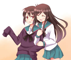 Rule 34 | 2girls, a channel, arm grab, blush, brown hair, ichii tooru, long hair, looking at another, ma tsukasa, multiple girls, nishi yuuko, open mouth, red eyes, school uniform, short hair, simple background, skirt, sleeves past wrists, smile, white background