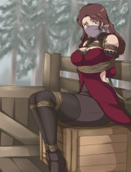 Rule 34 | 1girl, absurdres, bare shoulders, bdsm, bondage, bound, breasts, brown hair, cleavage, cloth gag, dorothea arnault, dress, earrings, fire emblem, fire emblem: three houses, gag, gagged, green eyes, highres, improvised gag, intelligent systems, jewelry, large breasts, long hair, looking at viewer, meme, nintendo, over the nose gag, pantyhose, red dress, ryner-e, sitting, sleeveless, sleeveless dress, solo, the elder scrolls, the elder scrolls v: skyrim