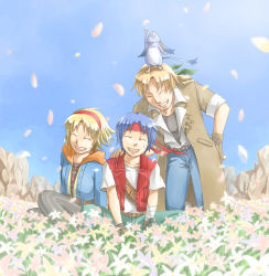Rule 34 | 1girl, 2boys, ^ ^, ahoge, bandaged arm, bandages, bandaid, bandaid on face, belt, black pantyhose, blonde hair, blouse, blue hair, brown eyes, cecilia lynne adelhyde, closed eyes, coat, day, denim, field, flower, flower field, gloves, green eyes, hairband, hand on own hip, headband, jack van burace, jeans, jewelry, long hair, multiple boys, natsuya (kuttuki), open mouth, outdoors, pants, pantyhose, red hairband, rody roughnight, shirt, short hair, sitting, sleeves rolled up, smile, striped clothes, striped pantyhose, vertical-striped clothes, vertical-striped pantyhose, white shirt, wild arms, wild arms 1