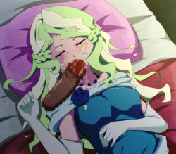 Rule 34 | 1girl, absurdres, animeeru, bare shoulders, bed, blue flower, blue rose, blush, braid, breasts, censored, cum, cum in mouth, diana cavendish, disembodied penis, dress, ejaculation, elbow gloves, fellatio, flower, french braid, from above, gloves, highres, indoors, jewelry, little witch academia, long hair, lying, mosaic censoring, multicolored hair, necklace, nose blush, off shoulder, on bed, oral, orgasm, penis, pillow, rose, sleep molestation, sleeping, small breasts, solo, two-tone hair, upper body