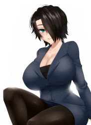 Rule 34 | 1girl, aqua eyes, backlighting, black hair, breasts, brown pantyhose, cleavage, commentary, formal, hair ornament, huge breasts, looking at viewer, office lady, original, pantyhose, parted lips, saya (twrlare), short hair, simple background, smile, solo, suit, twrlare, white background