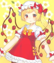 Rule 34 | 1girl, alternate wings, bad id, bad pixiv id, blonde hair, blush, bow, dress, flandre scarlet, food, fruit, hat, hat bow, highres, long hair, miebao, mob cap, red eyes, side ponytail, solo, strawberry, touhou, wings, wrist cuffs