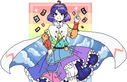 Rule 34 | 1girl, ability card (touhou), ahoge, bag, bloomers, blue eyes, blue hair, cape, closed mouth, commentary, dress, english commentary, frilled dress, frills, hairband, highres, long sleeves, looking at viewer, moonii desu, multicolored background, multicolored clothes, multicolored hairband, pointing, pointing down, pointing up, short hair, smile, solo, starry sky print, tenkyuu chimata, touhou, underwear, white cape, zipper