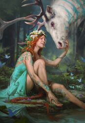 Rule 34 | 1girl, animal, aqua dress, barefoot, blue butterfly, bug, butterfly, dress, elk, flower, forest, gwent (game), hair flower, hair ornament, highres, horns, insect, long hair, nature, non-web source, orange hair, sitting, teeth, the witcher (series), tree, very long hair, water