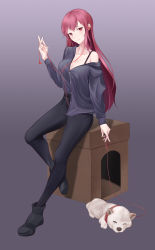 Rule 34 | 1girl, absurdres, black footwear, black pants, blue shirt, bra strap, breasts, closed mouth, collar, collarbone, denim, dog, headphones, highres, holding, holding headphones, holding leash, jeans, leash, long hair, looking at viewer, original, pants, red eyes, red hair, shirt, shoes, simple background, sitting, solo, swallow zzy