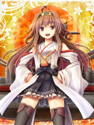 Rule 34 | 10s, 1girl, akashio (loli ace), black thighhighs, boots, brown hair, detached sleeves, hairband, hands on own hips, japanese clothes, kantai collection, kongou (kancolle), long hair, looking at viewer, nontraditional miko, open mouth, purple hair, sash, shirt, skirt, smile, solo, thigh boots, thighhighs, very long hair, wide sleeves, zettai ryouiki