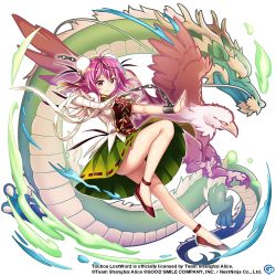 Rule 34 | 1girl, bandaged arm, bandages, bird, breasts, bun cover, chain, copyright notice, cuffs, double bun, dragon, eagle, fighting stance, flower, green skirt, hair bun, ibaraki kasen, large breasts, light smile, looking at viewer, official art, pink eyes, pink flower, pink hair, pink rose, pleated skirt, red footwear, red tabard, rose, rotte (1109), shackles, shirt, skirt, solo, tabard, touhou, touhou lostword, transparent background, white shirt