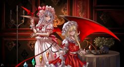 Rule 34 | 2girls, a-xii, ascot, bat wings, blonde hair, blue hair, brooch, chessboard, dark, dress, flandre scarlet, frilled shirt collar, frills, hat, hat ribbon, highres, indoors, jewelry, mob cap, multiple girls, nail polish, puffy short sleeves, puffy sleeves, red eyes, red nails, red ribbon, red skirt, remilia scarlet, ribbon, short hair, short sleeves, siblings, sisters, skirt, skirt set, touhou, wings, wrist cuffs