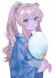 Rule 34 | 1girl, absurdres, animal ears, blue kimono, blush, brown hair, closed mouth, commentary request, ear piercing, grey eyes, hand fan, highres, holding, holding fan, japanese clothes, kimono, lion ears, long hair, long sleeves, looking at viewer, noripro, obi, parted lips, piercing, ponytail, regrush lionheart, sash, simple background, solo, twitter username, upper body, virtual youtuber, white background, yuri kyanon