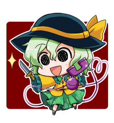 Rule 34 | 1girl, :d, bad id, bad pixiv id, black eyes, black footwear, black hat, border, chibi, commentary request, frilled shirt collar, frilled sleeves, frills, full body, green hair, green skirt, hair between eyes, hat, hat ribbon, heart, heart of string, holding, holding knife, holding phone, knife, komeiji koishi, looking at viewer, noai nioshi, open mouth, outline, phone, red background, ribbon, shirt, shoes, short hair, simple background, skirt, smile, solo, sparkle, string, touhou, white border, white outline, wing collar, yellow ribbon, yellow shirt