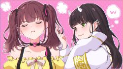 Rule 34 | 2girls, :3, beige bow, black choker, black hair, brown hair, choker, collarbone, creator connection, ear piercing, fang, fang out, frilled shirt, frills, green eyes, hair behind ear, head tilt, highres, holding another&#039;s hair, horns, indie virtual youtuber, lee roha, long hair, mugimugigo, multiple girls, nijisanji, nijisanji kr, off-shoulder shirt, off shoulder, piercing, pout, shirt, sleeves past fingers, sleeves past wrists, smile, sudama chitose, suspenders, twintails, virtual youtuber, yellow shirt