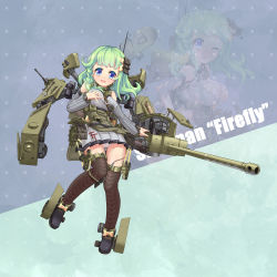 Rule 34 | 1girl, blue eyes, boots, braid, breasts, brown thighhighs, bullet, cannon, caterpillar tracks, character name, detached sleeves, dress, green eyes, green hair, gun, hair ornament, hand on own chest, highres, long hair, looking at viewer, machine gun, machinery, mechanical arms, military, military uniform, military vehicle, motor vehicle, original, panties, personification, sherman firefly, shovel, side braid, single mechanical arm, sirills, small breasts, smile, solo, tank, thighhighs, turret, underwear, uniform, weapon, white panties, worktool, zoom layer