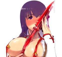 Rule 34 | 00s, 1girl, breasts, censored, cum, fate/stay night, fate (series), gae bolg (fate), highres, huge breasts, licking, matou sakura, polearm, purple eyes, purple hair, solo, spear, weapon, white background