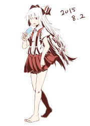 Rule 34 | 1girl, absurdres, barefoot, bow, fujiwara no mokou, full body, hair bow, highres, long hair, miniskirt, open mouth, popsicle, red eyes, skirt, solo, suspenders, the maa, touhou, very long hair, white background, white hair