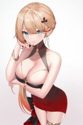 Rule 34 | 1girl, arm under breasts, asymmetrical dress, azur lane, black dress, black ribbon, blonde hair, blue eyes, breasts, cleavage, cocktail dress, cowboy shot, dress, earrings, evening gown, gradient dress, gradient hair, grey background, hair ribbon, highres, howe (azur lane), howe (evening marvels) (azur lane), jewelry, kei myoho, large breasts, light smile, looking at viewer, multicolored hair, official alternate costume, red dress, ribbon, simple background, sleeveless, sleeveless dress, solo, tight clothes, tight dress