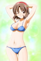 Rule 34 | 00s, 1girl, armpits, arms behind head, arms up, blush, bra, breasts, brown hair, cleavage, closed mouth, game cg, green green, hairband, highres, kutsuki wakaba, large breasts, legs, looking at viewer, navel, one eye closed, panties, red eyes, short hair, simple background, smile, solo, standing, thighs, underwear, wink