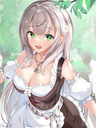 Rule 34 | 1girl, absurdres, blush, breasts, cleavage, commentary request, detached sleeves, flower, german clothes, green eyes, hair flower, hair ornament, highres, hololive, large breasts, long hair, open mouth, puffy short sleeves, puffy sleeves, reitou mkn, shirogane noel, shirogane noel (dirndl), short sleeves, silver hair, solo, teeth, upper body, upper teeth only, virtual youtuber