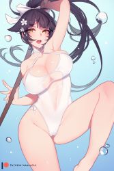 Rule 34 | 1girl, air bubble, arm up, armpits, azur lane, black hair, blue background, bow, breasts, bubble, cameltoe, casual one-piece swimsuit, collarbone, criss-cross halter, feet out of frame, flower, gradient background, groin, hair bow, hair flaps, hair flower, hair ornament, halterneck, holding, holding sword, holding weapon, knee blush, large breasts, leg up, long hair, looking to the side, nanoless, navel, one-piece swimsuit, open mouth, patreon username, ponytail, ribbon, simple background, solo, swimsuit, sword, takao (azur lane), takao (beach rhapsody) (azur lane), thighs, tsurime, water, weapon, white bow, white flower, white one-piece swimsuit, white ribbon, wooden sword, yellow eyes