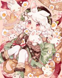 Rule 34 | 1girl, animal, animal ear fluff, animal ears, arm support, basket, blush, blush stickers, bow, brown socks, bug, butterfly, center frills, dress, flower, frills, gingham, green bow, green dress, green footwear, hair bow, hair ornament, highres, holding, holding flower, holding stuffed toy, insect, lace, lace-trimmed dress, lace trim, leaf, legs up, long sleeves, looking up, medium hair, mokarooru, open mouth, original, painting (medium), pink background, plaid, plaid bow, rabbit, rabbit ears, rabbit head, red eyes, red ribbon, ribbon, sleeves past wrists, socks, striped clothes, striped dress, stuffed animal, stuffed rabbit, stuffed toy, thighhighs, traditional media, watercolor (medium), white flower, white hair, white thighhighs, x hair ornament