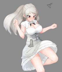 Rule 34 | 1girl, absurdres, breasts, brown eyes, cleavage, cleavage cutout, clothing cutout, conte di cavour (kancolle), conte di cavour nuovo (kancolle), corset, dated, dress, frilled dress, frills, grey background, highres, kantai collection, large breasts, long hair, maru (marg0613), one-hour drawing challenge, silver hair, simple background, solo, twitter username, two side up, white dress